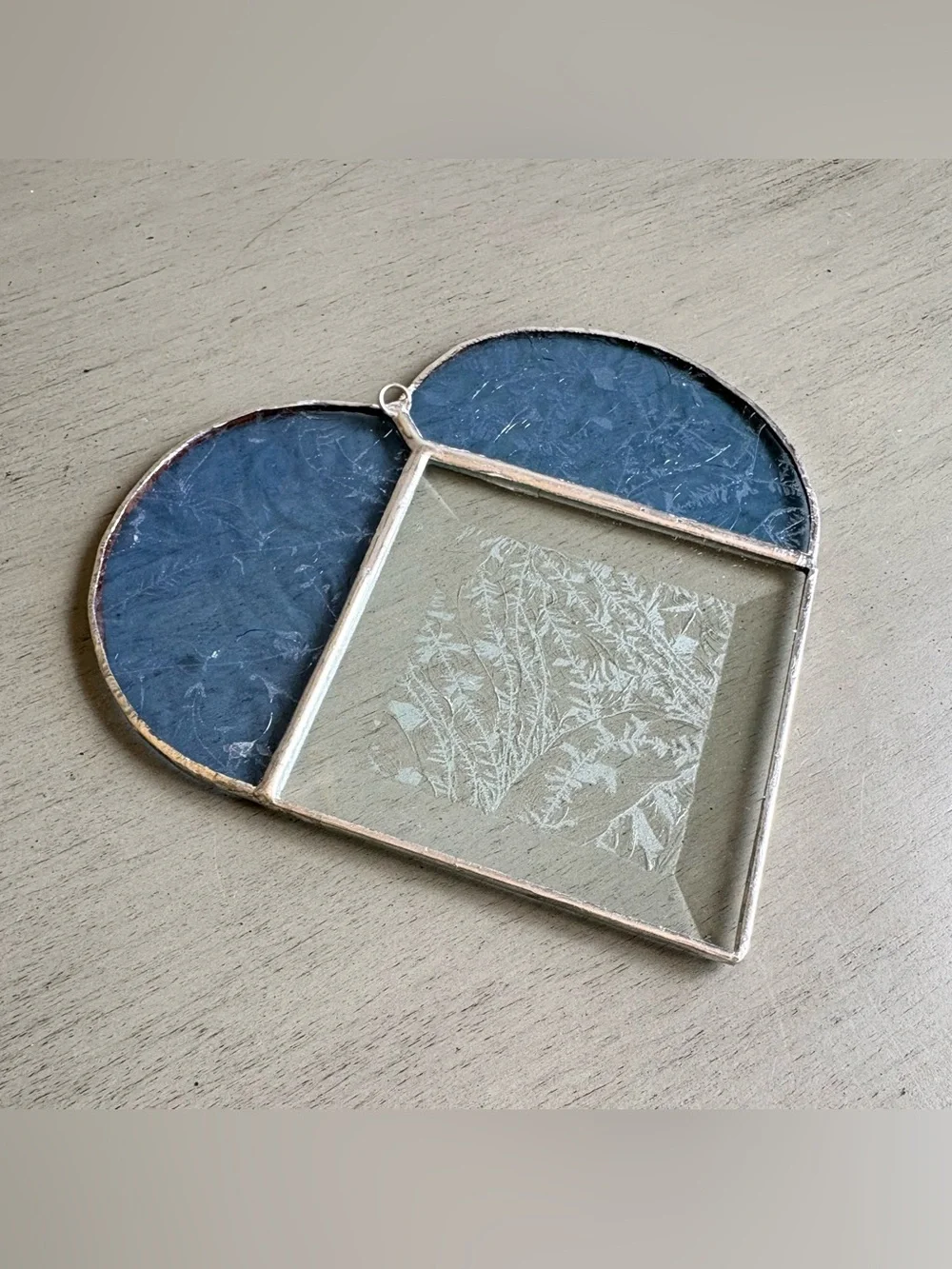 VTG Heart Stained Glass Suncatcher Art Handcrafted Hanging Home Decor Blue White